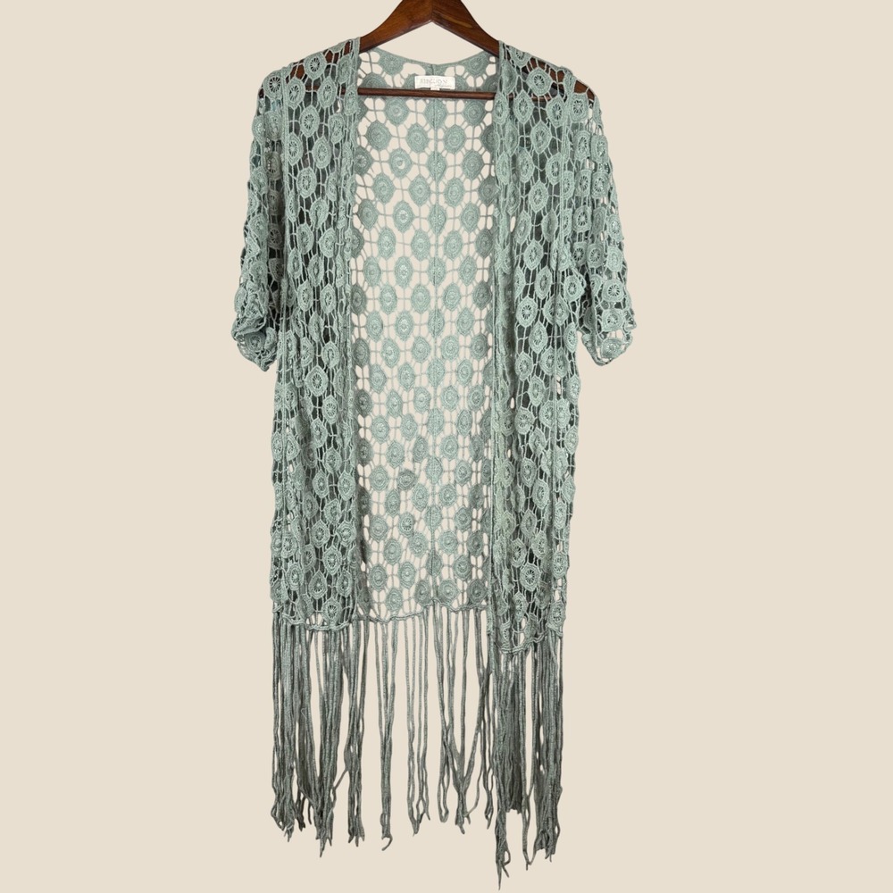 Boho Crochet Lace Fringe Open Cardigan Size XS Sage Green Festival Ethereal